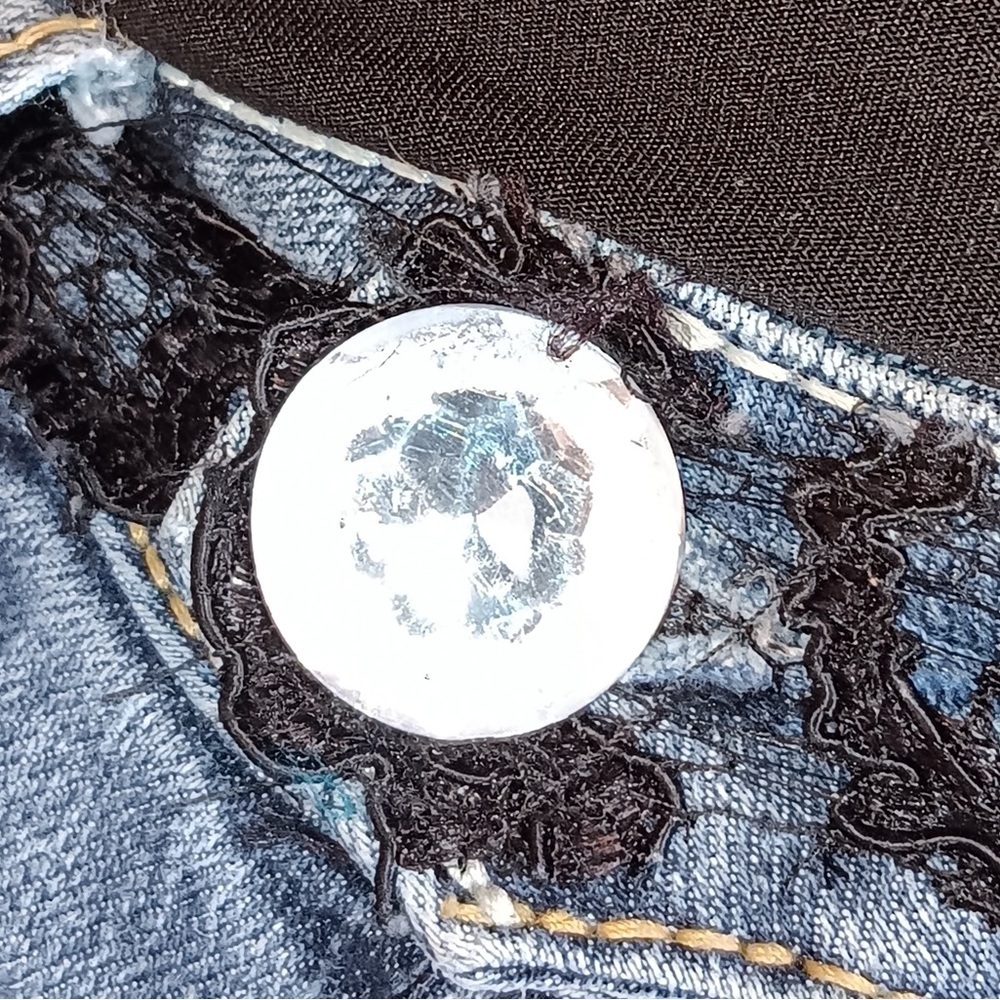 Upcycled, Wallflower Size 3 Flared Jeans Handmade Roses & Skulls Jeweled Lace - Picture 8 of 15